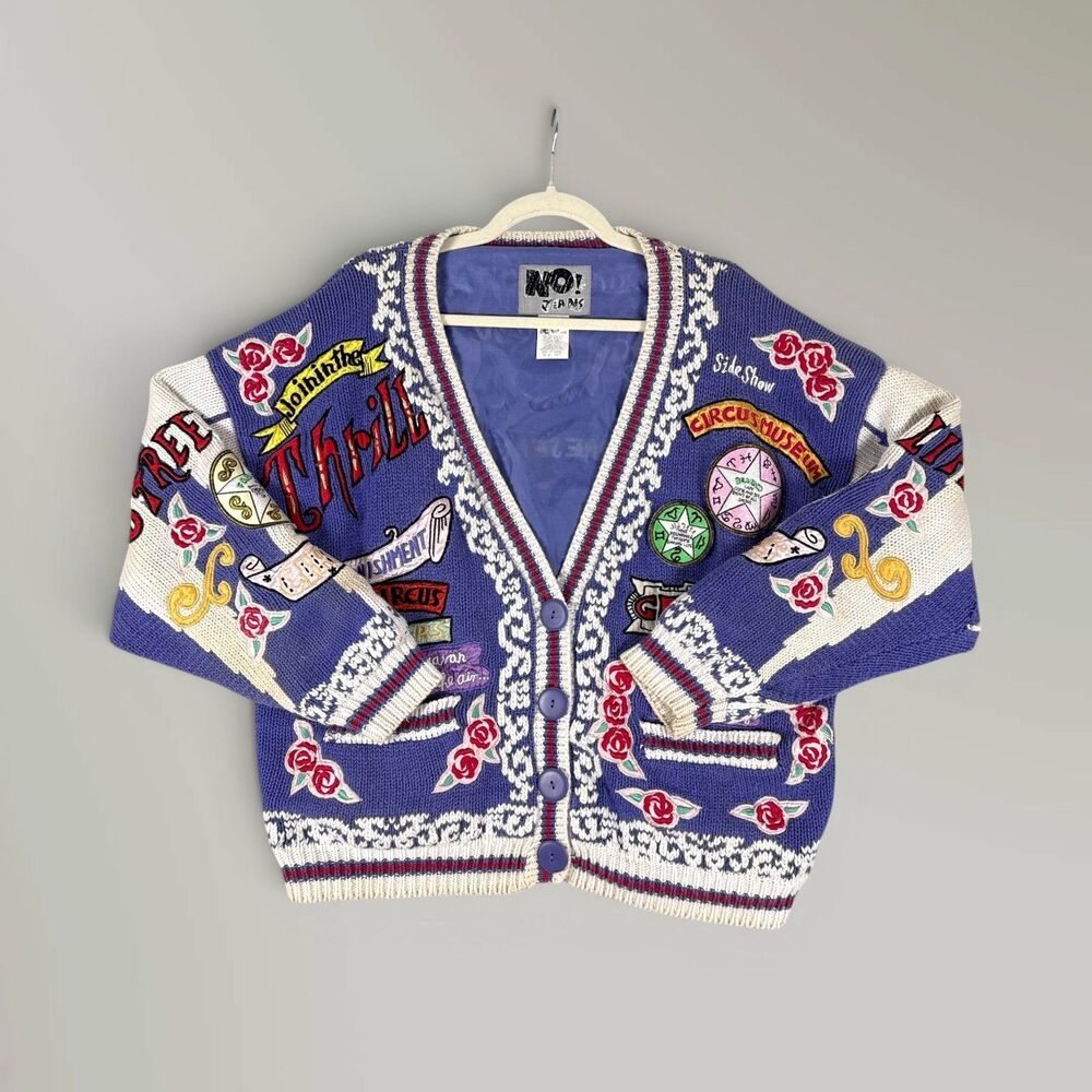 Vintage No! Jeans Cardigan Sweater Purple Circus Parade Patches 80s One Size